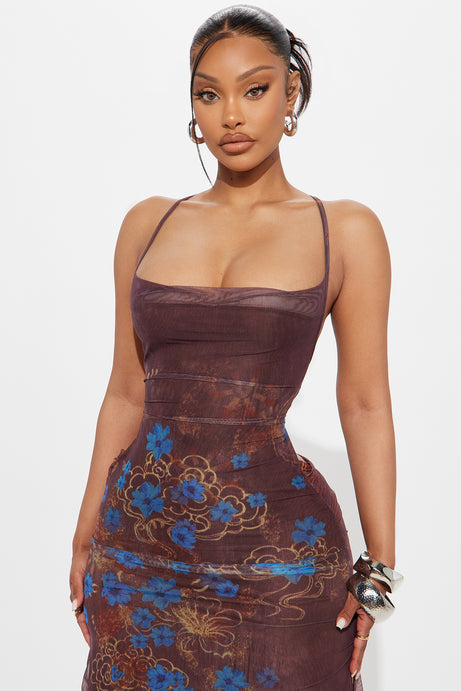 Delani Cowl Neck Mesh Maxi Dress - Brown/combo