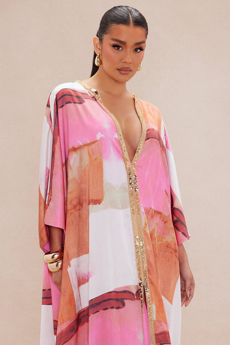 Sabina Satin Kaftan Dress - Pink/combo