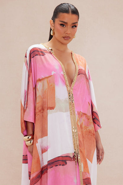 Sabina Satin Kaftan Dress - Pink/combo