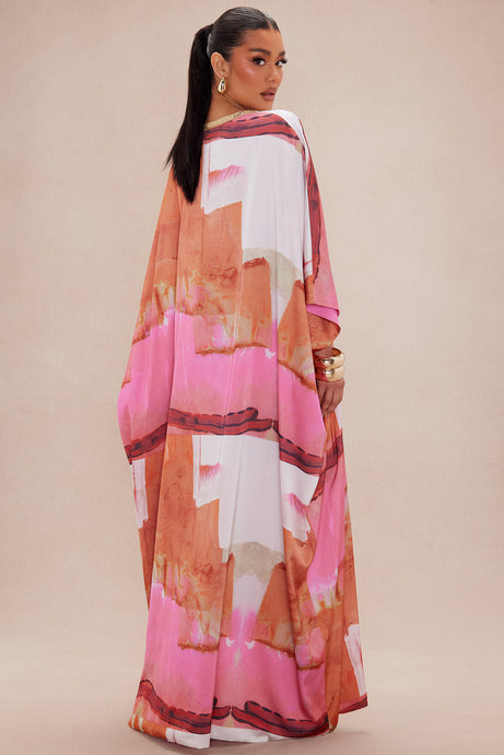 Sabina Satin Kaftan Dress - Pink/combo