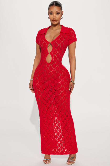 Dream Vacation Crochet Maxi Dress - Red