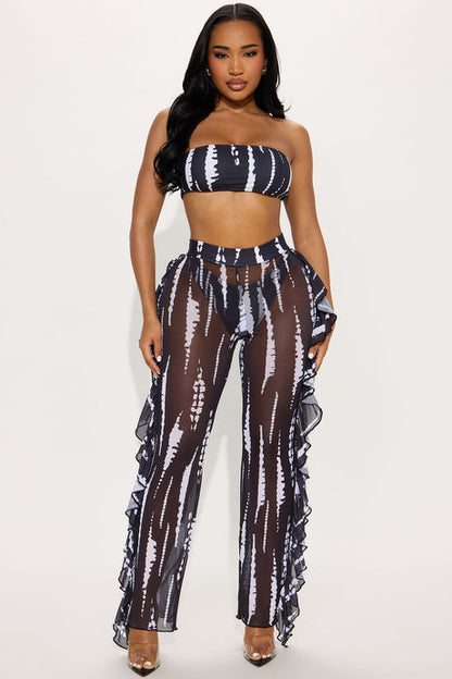 Aubriella Bandeau Ruffle Pants 3 Piece Bikini Set - Black/White