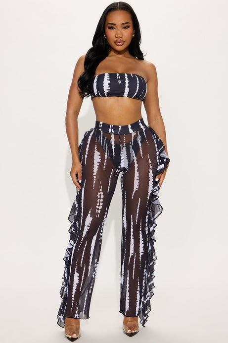 Aubriella Bandeau Ruffle Pants 3 Piece Bikini Set - Black/White