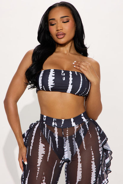 Aubriella Bandeau Ruffle Pants 3 Piece Bikini Set - Black/White