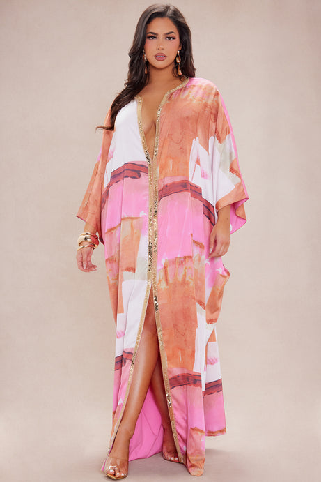 Sabina Satin Kaftan Dress - Pink/combo