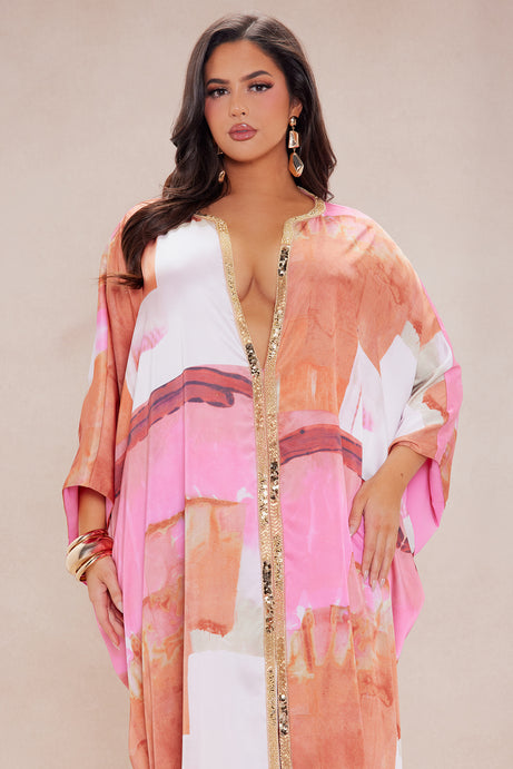 Sabina Satin Kaftan Dress - Pink/combo