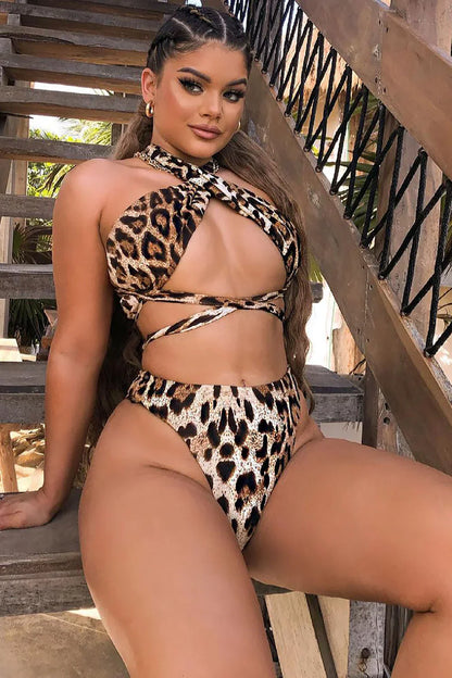 Pool Side Bae Wrapped Two Piece Swimsuit - Brown/combo